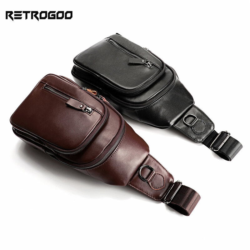 RETROGOO – sac de poitrine en cuir véritable pour hommes, sacoche décontractée à bandoulière, sac de voyage de jour à la mode
