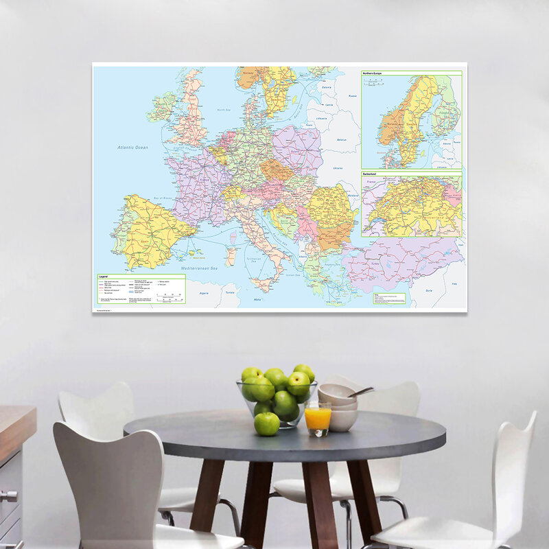 Mapa de la ruta de transporte de Europa con detalles, lienzo no tejido, pintura, póster de pared, decoración del hogar, suministros escolares, 150x100 cm