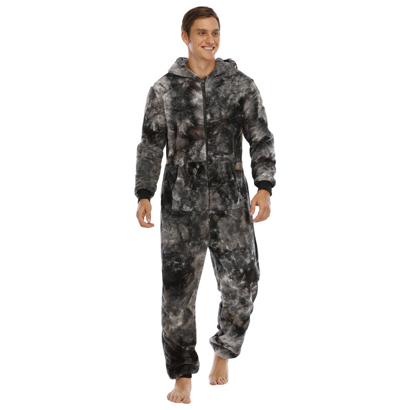 Macacão de flanela casual masculino, macacão com capuz, pijama, roupa de dormir, zíper, outono, inverno