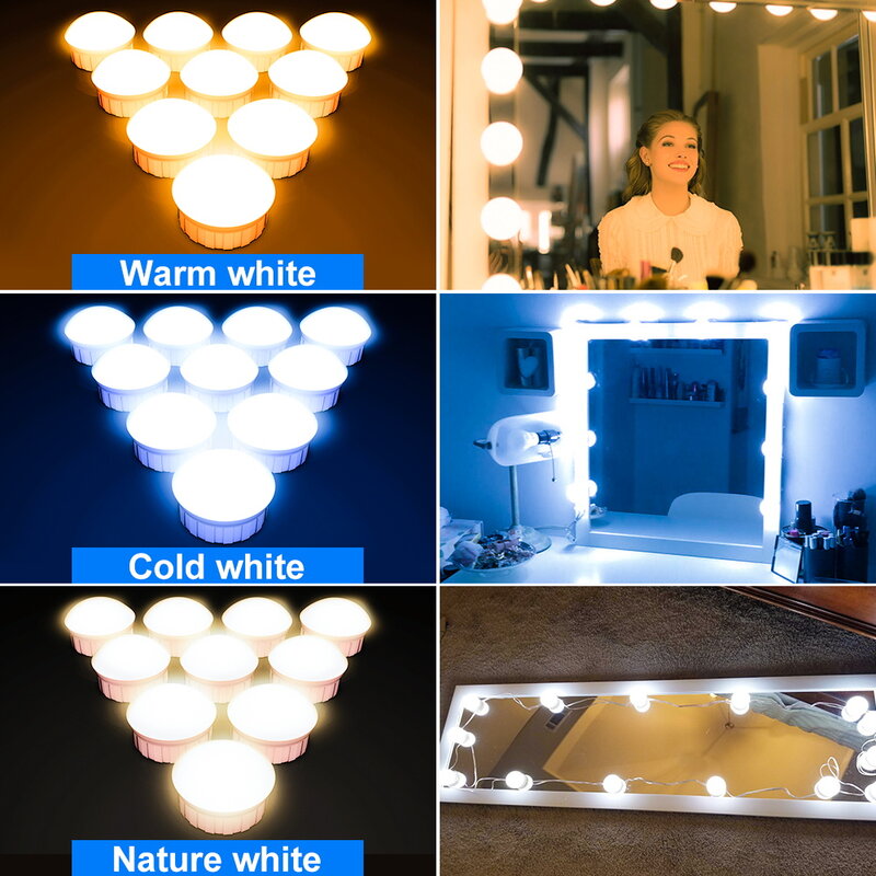 Lampe de miroir cosmétique en spanTable, lumières LED, ampoule de miroir de maquillage, USB, 3 couleurs, 5V, 2 pièces, 6 pièces, 10/14 pièces