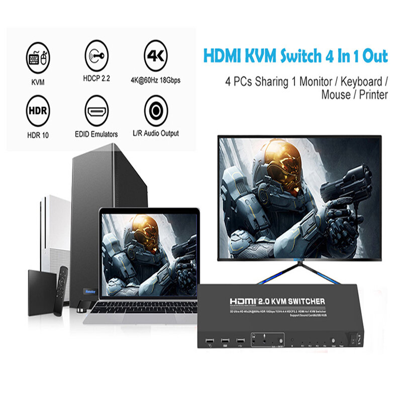 HDMI 4K Ultra HD 4x1 HDMI KVM коммутатор 3840x2160 @ 60 Гц 4:4:4 Поддержка USB 2,0 управление устройствами