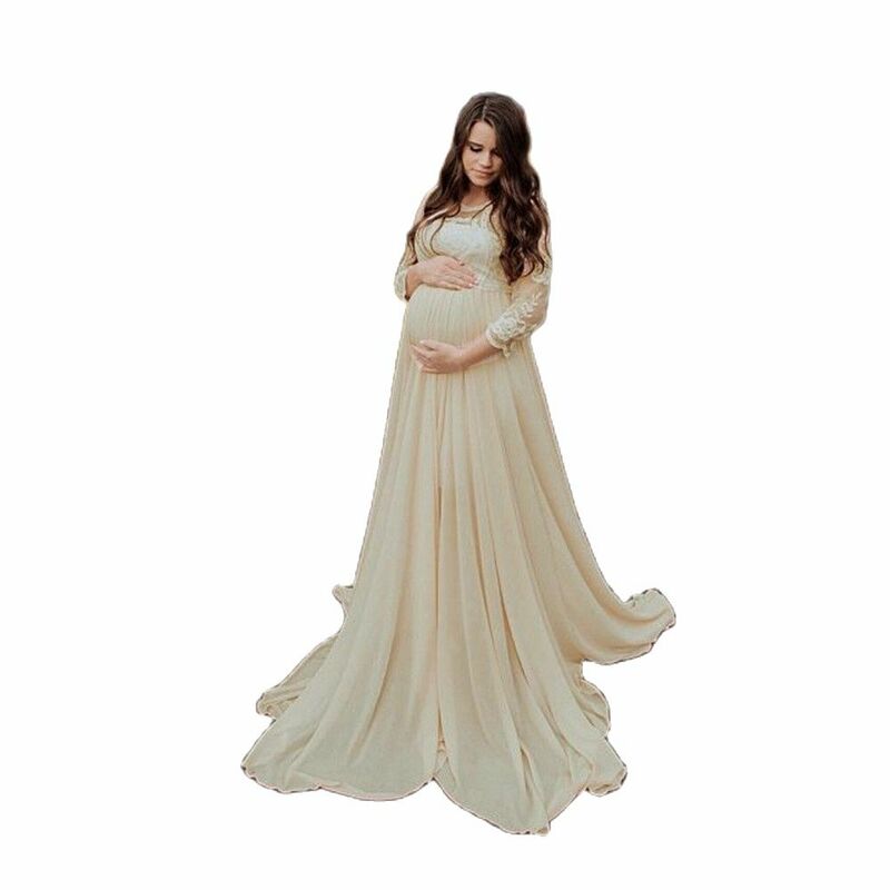 Gaun Panjang Sifon Renda Hamil Baru Gaun Maxi Musim Semi Musim Gugur Kehamilan Wanita Hamil Properti Fotografi Pakaian Tembus Pandang