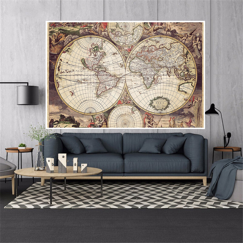 Toile Non tissée Vintage de la carte du monde, 5x3 pieds, affiche d'art Latin médiéval, décoration de maison, fournitures scolaires