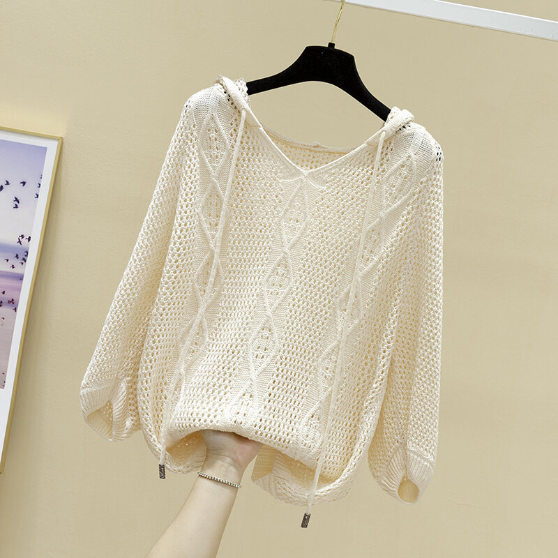 女性のための長袖透かし彫りのフード付きブラウス,カラフルな韓国スタイルのセーター
