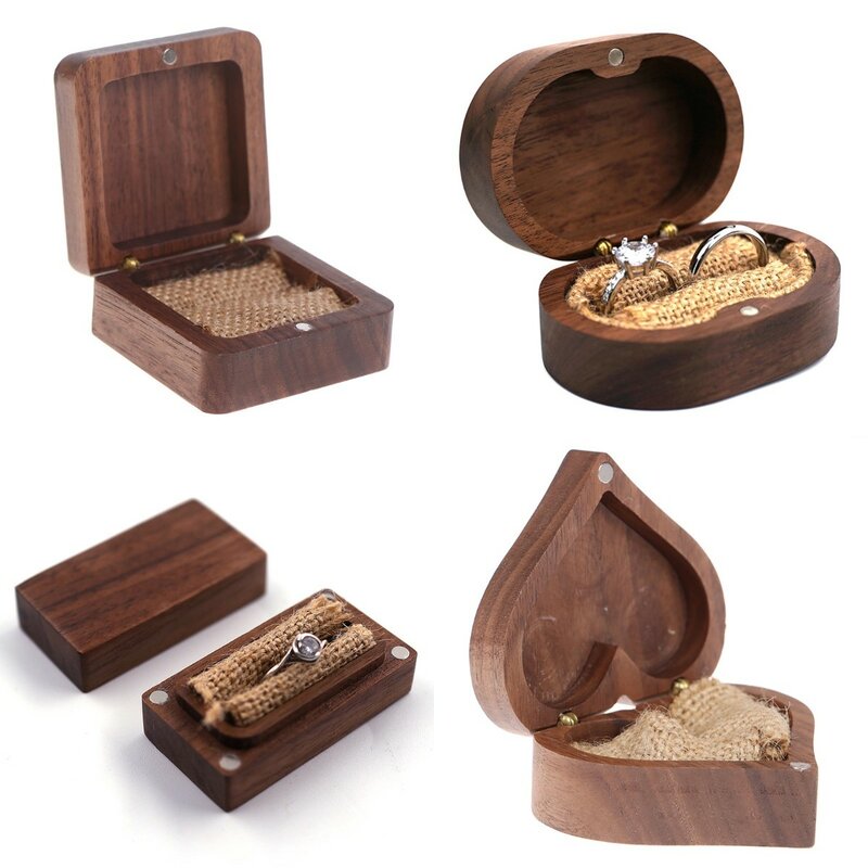 1 pçs anéis de madeira casamento jóias organizador exibição caso viagem armazenamento portátil coração/forma quadrada caixa noz embalagem