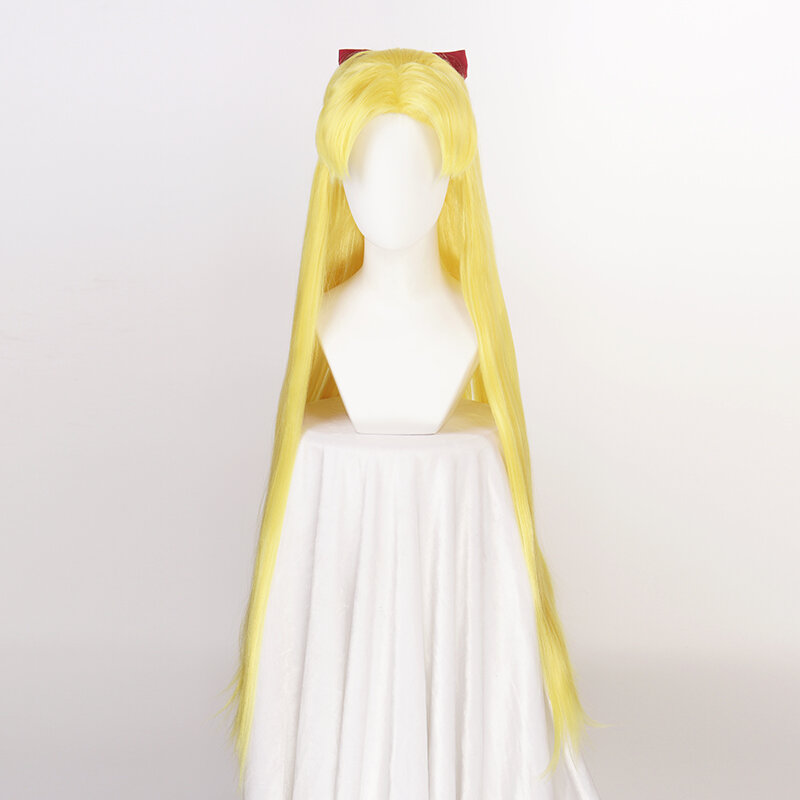 Pelucas de Cosplay de Sailor Venus, Minako Aino, cabello sintético resistente al calor rizado de 100cm de largo dorado con lazo rojo + gorro de peluca