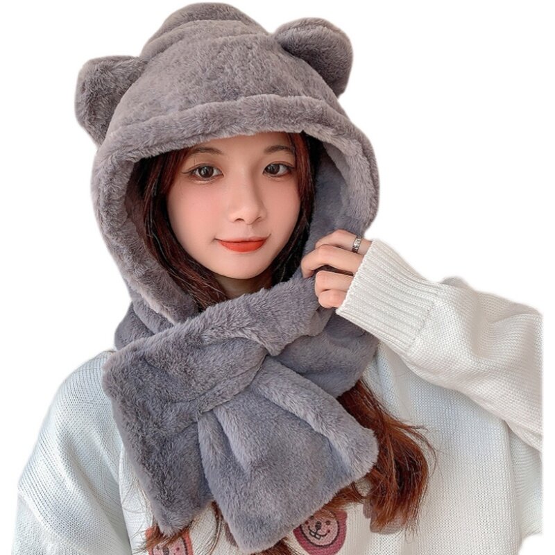 Topi Beanie Baru Wanita Musim Dingin Mode 2021 Topi Telinga Beruang Lucu Hangat Topi Mewah Kasual Set Syal Topi Wanita Solid Kasual Hadir