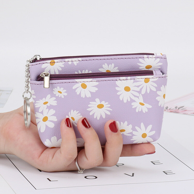Daisy Print Coin Purse Women Mini Wallets Clutch With Zipper Keychain Small Coin Pouch Bag Female Pouch Key Card Holder Wallet