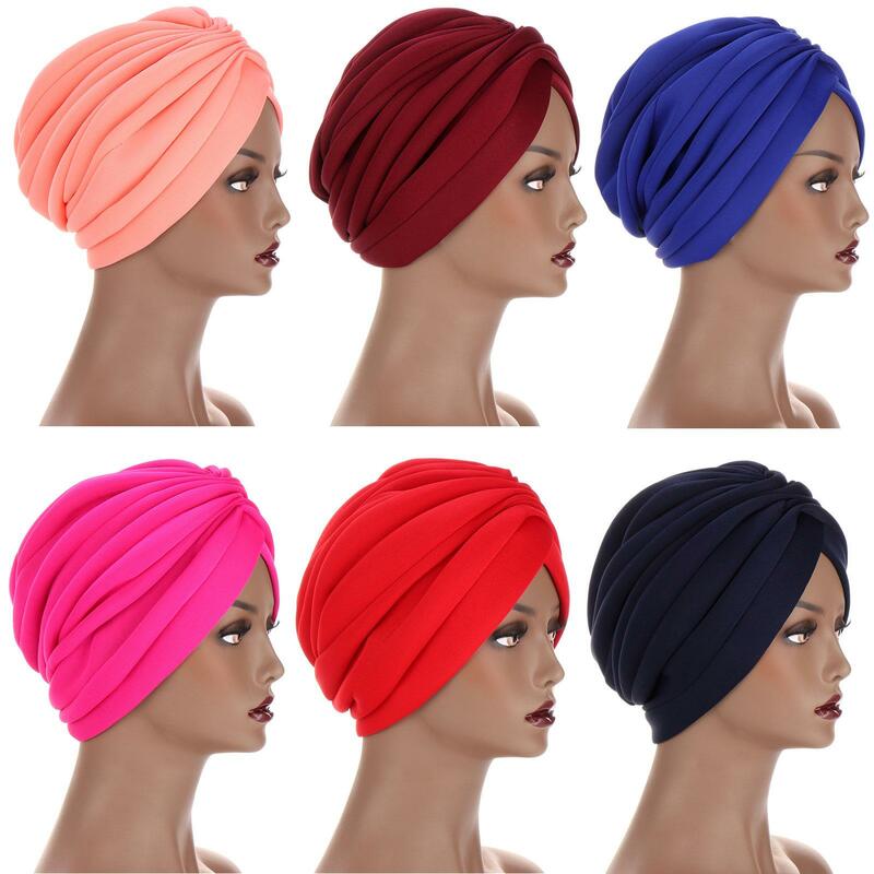 Women Muslim Turban Cap Wrap Head Scarf Cotton Autumn Winter Stretchy Beanies Hats Pleated Indian Milk Silk Twisted Braid Caps