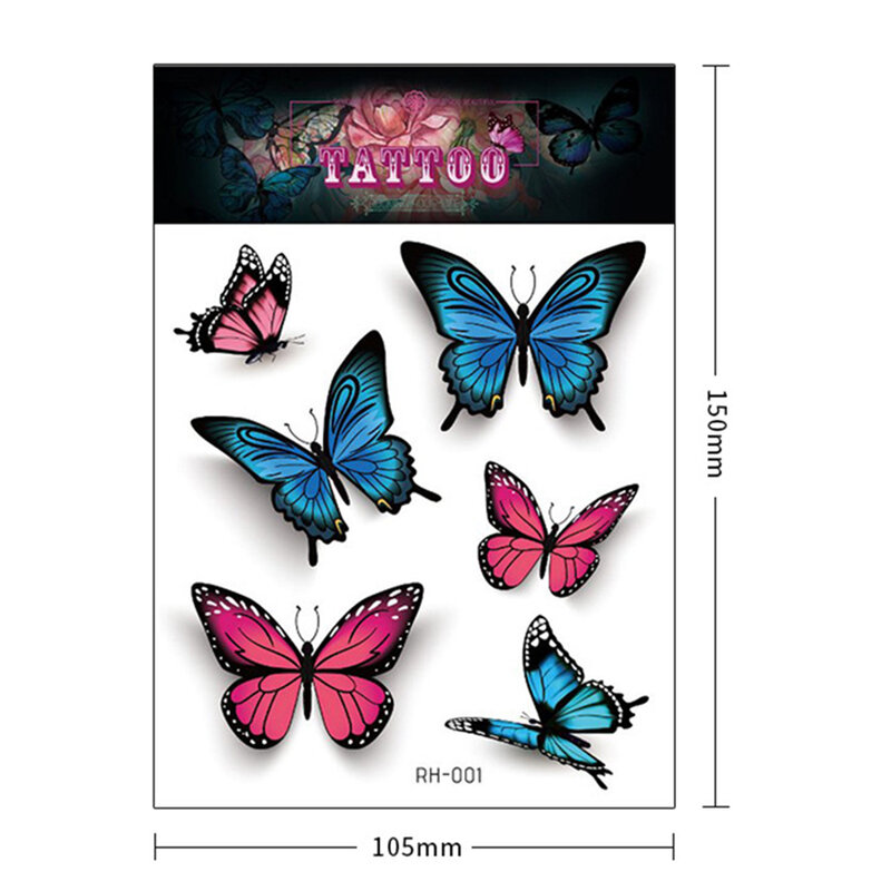 Tatuagem temporária com borboleta, adesivo 3d colorido, arte corporal à prova d'água, tatuagens falsas 3d para mão, pescoço, decoração de pulso, 1 folha