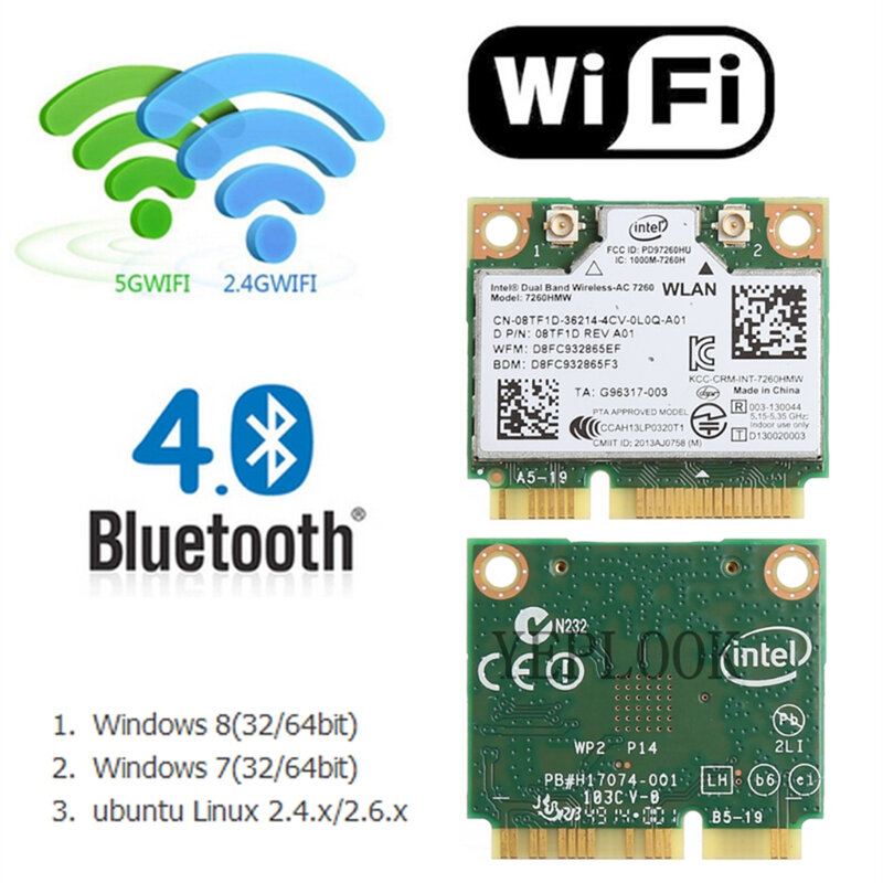 Original Intel WiFi Card AC7260 7260HMW 7260AC Dual Band 2.4G & 5Ghz 300M+867Mbps BT4.0 802.11ac Mini PCIe Network Card for DELL