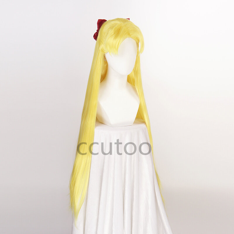 Parrucche Cosplay Sailor Venus parrucca Cosplay Minako Aino dorata lunga 100cm capelli sintetici resistenti al calore ricci con cappuccio parrucca fiocco rosso