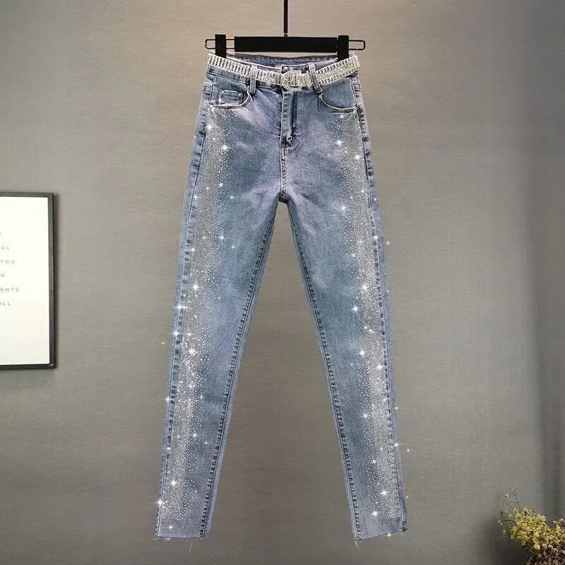 Primavera outono streetwear feminino vintage azul fino diamantes cintura alta calças jeans tornozelo comprimento calças jeans plus size novo