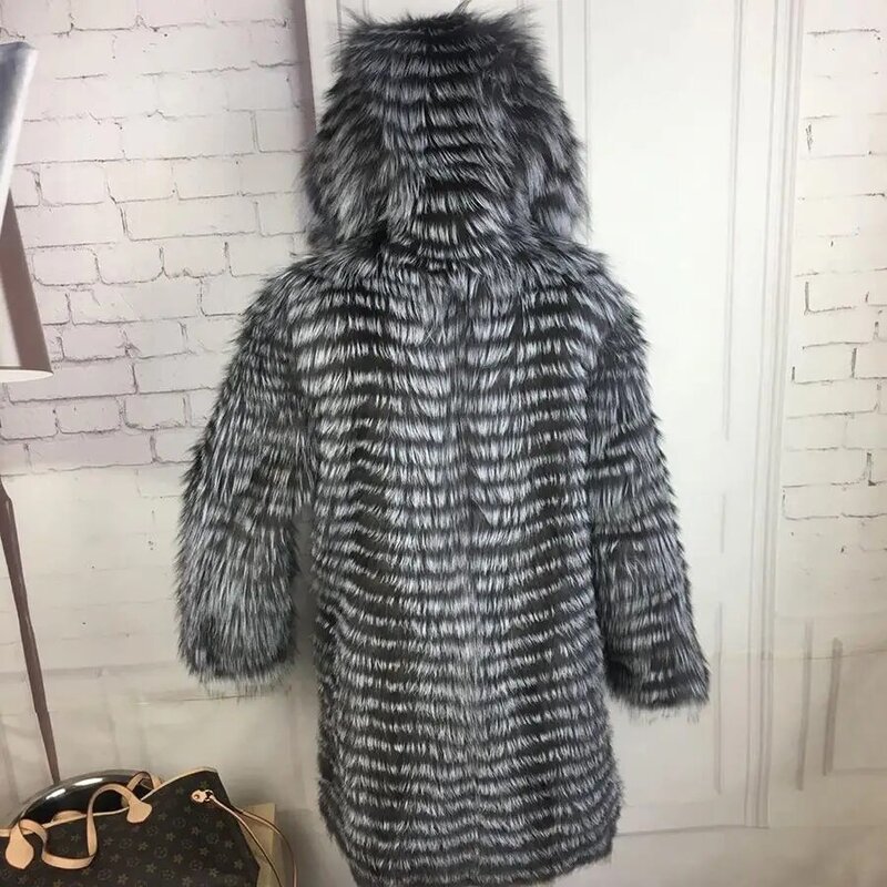 Manteau de fourrure de renard argenté, 90cm de long, avec capuche, pour femme