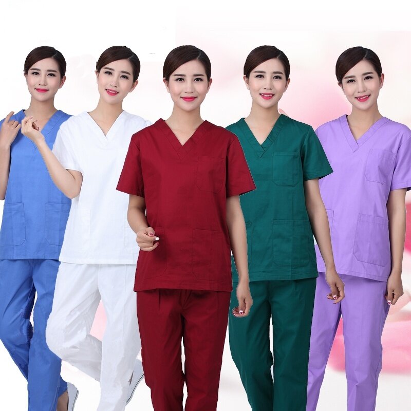 Moda de las mujeres Scrub Set enfermería Scrubs v-cuello Top con ventilación lateral y cintura elástica pantalones uniformes médicos de algodón cirugía