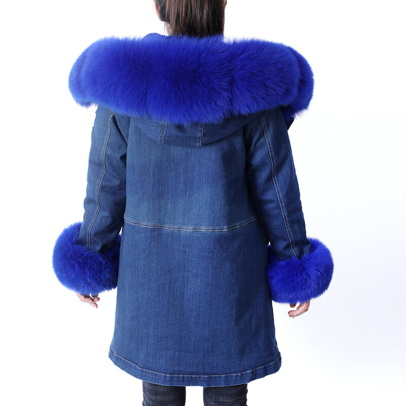 Maomaokong2021 winter female rabbit fur lining, raccoon hair leather collar denim clothes women's coat, thickening winter warm d