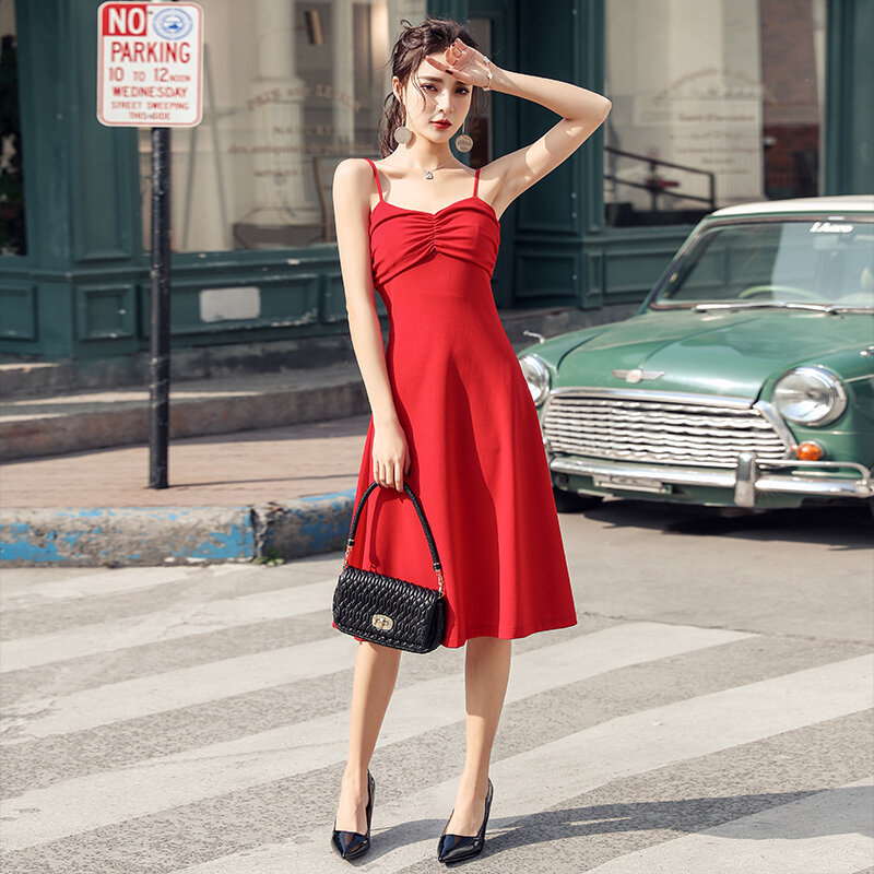 스파게티 스트랩 패션 섹시한 붉은 여름 드레스 여성 민소매 지퍼 Vestido Elegante 블랑코 이브닝 파티 블랙 맥시 드레스