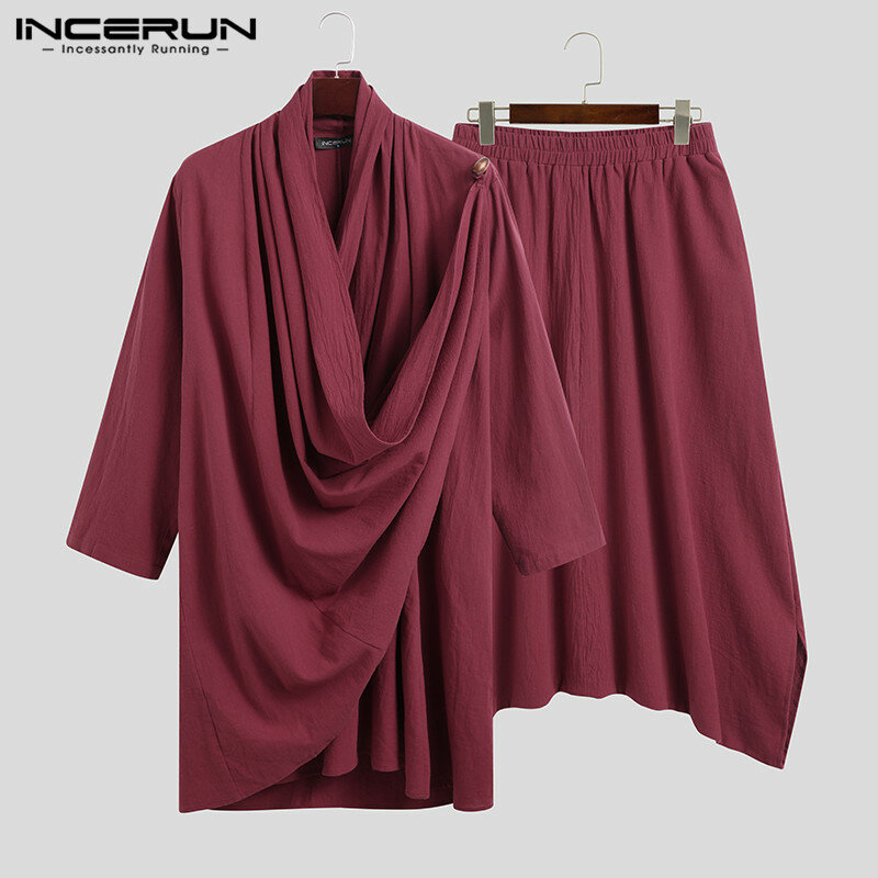 INCERUN Solid Color Men Sets Cotton Streetwear Turtleneck Long Sleeve Irregular Cloak Coats Drop Crotch Pants Vintage Mens Suits