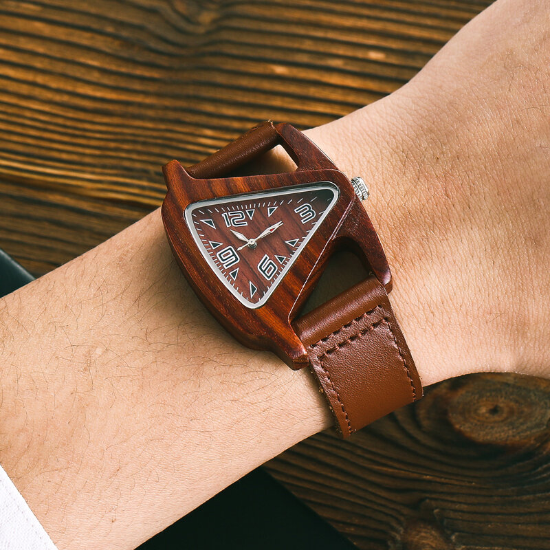 Women Black Wood Watches Triangle Wooden Quartz Wristwatch High-quality Creative Feminino Bracelet Leather Watchband Clock 