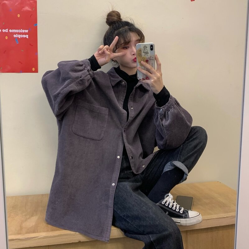 Korea Fashion Wanita Retro Korduroi Blus Wanita Harajuku Streetwear Besar Lengan Panjang Vintage Tombol Bawah Kemeja
