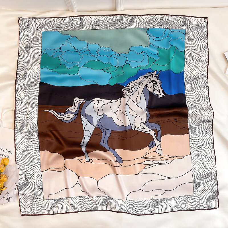 KOI LEAPING-Pañuelo cuadrado de seda para el hogar, chal grande de sarga con estampado de caballo, a la moda, ideal para regalo, 90