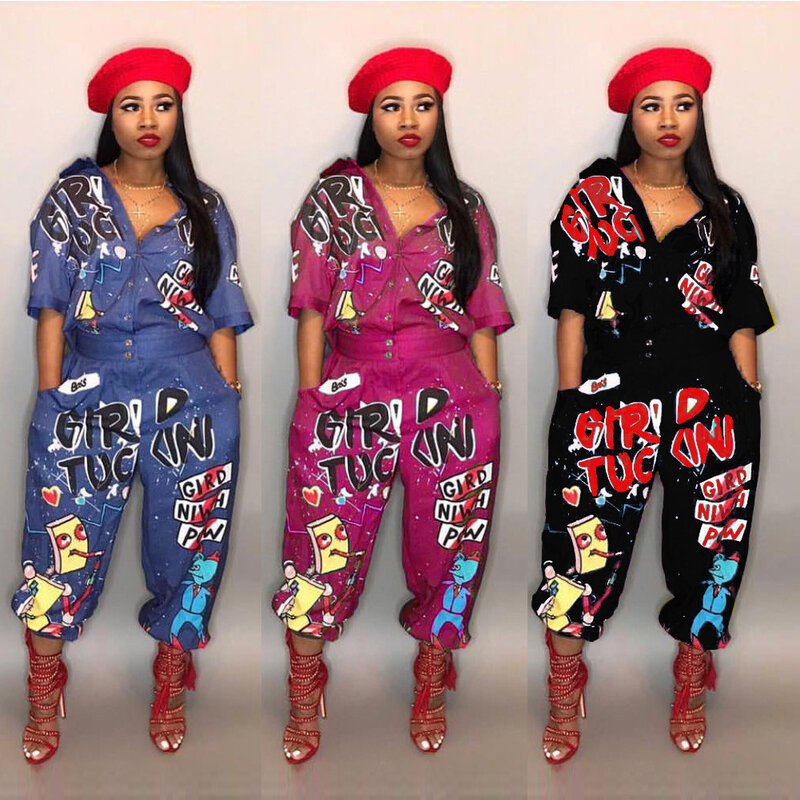 Комбинезон женский, в стиле хип-хоп, с отложным воротником и полурукавами, 2020