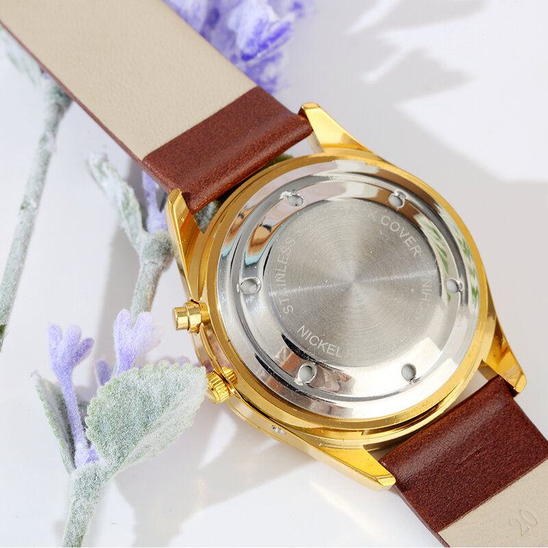 Reloj de voz francés con función de alarma, fecha y hora de llamada, esfera blanca, cinturón marrón, etiqueta de caja dorada-202