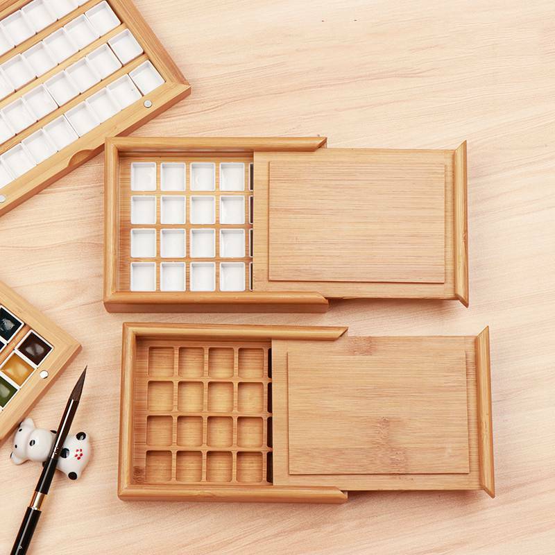 Leere Bambus Farbe Palette Mit Deckel Tragbare Aquarell Tablett Lagerung Box Mit 24/36 Halb Pfannen für Malerei Kunst Liefert
