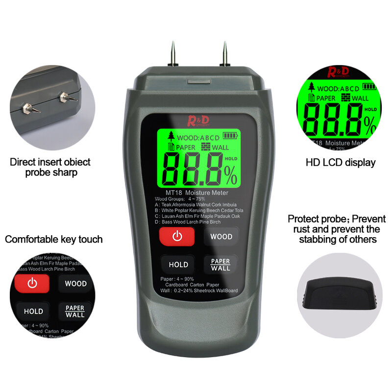 Digital Madeira Umidade Medidor, Cinza Papel Umidade Tester, parede higrômetro, Timber Damp Detector, 2 Pins, MT-18, 0-99, 9%, Novo