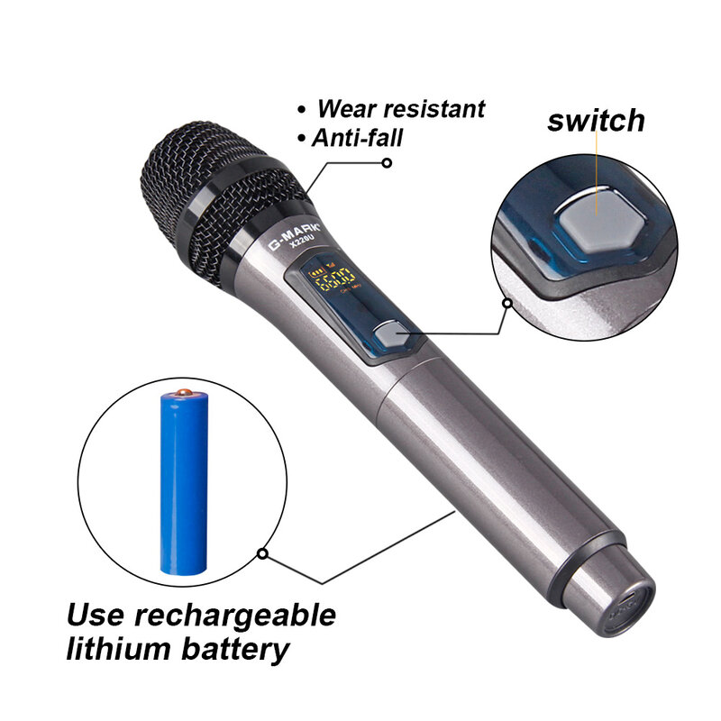 Microphone sans fil G-MARK X220U UHF karaoké Mic statique déterminer 2 canaux batterie au lithium 50m pour scène église fête école