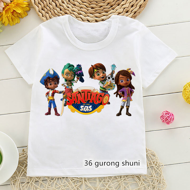 Новые футболки для мальчиков, Забавная детская футболка с графическим принтом Сантьяго из мультфильма, милые футболки для девочек, повседневная детская футболка