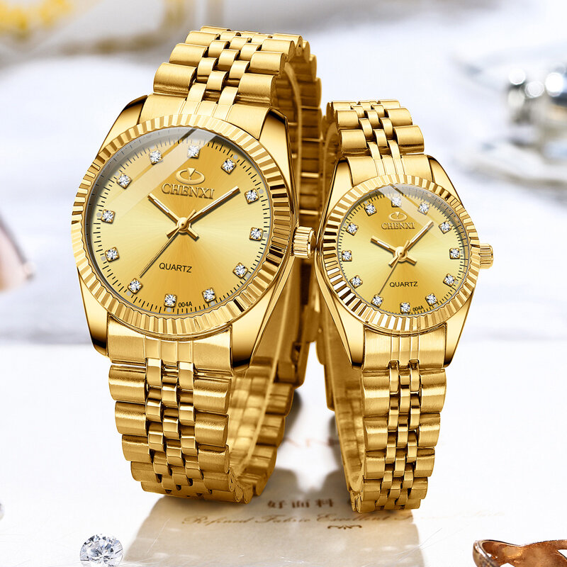amante de relojes CHENXI, negocios de lujo, reloj dorado de acero inoxidable para hombres, reloj clásico resistente al agua para mujeres, regalo de pareja de diamantes de imitación