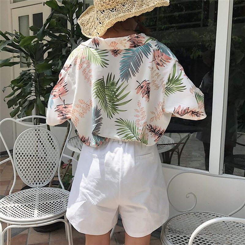 Новые летние женские в гавайском стиле; Модный цветочный короткий рукав рубашки женские свободные повседневные топы, блузки из шифона, один размер