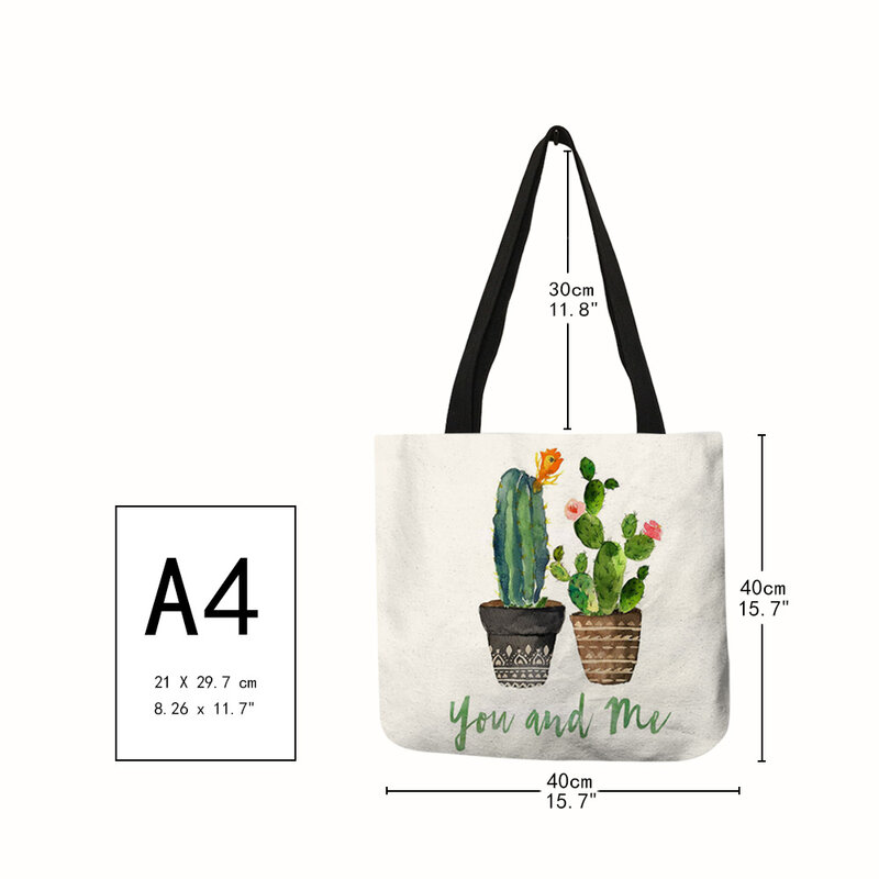 2018 Fashion Hot Watercolor Plant Linen Bag With Cactus Print Multi Use Tote Bag Shopping Bags For Women Lady Dropshipping
