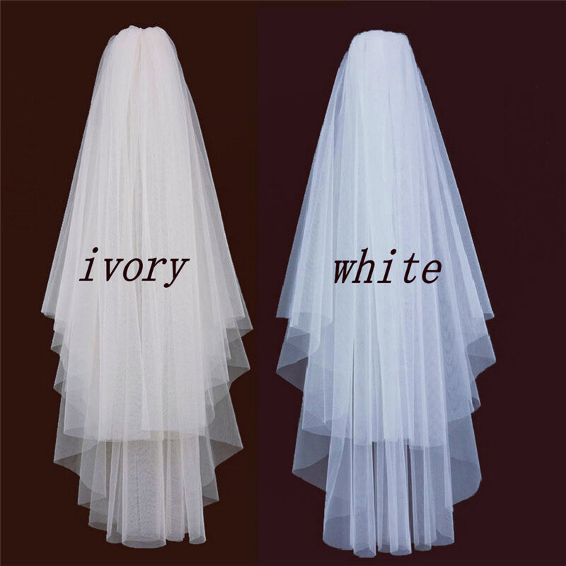 Véu de noiva com duas camadas, acessório de casamento branco marfim, curto, de tule
