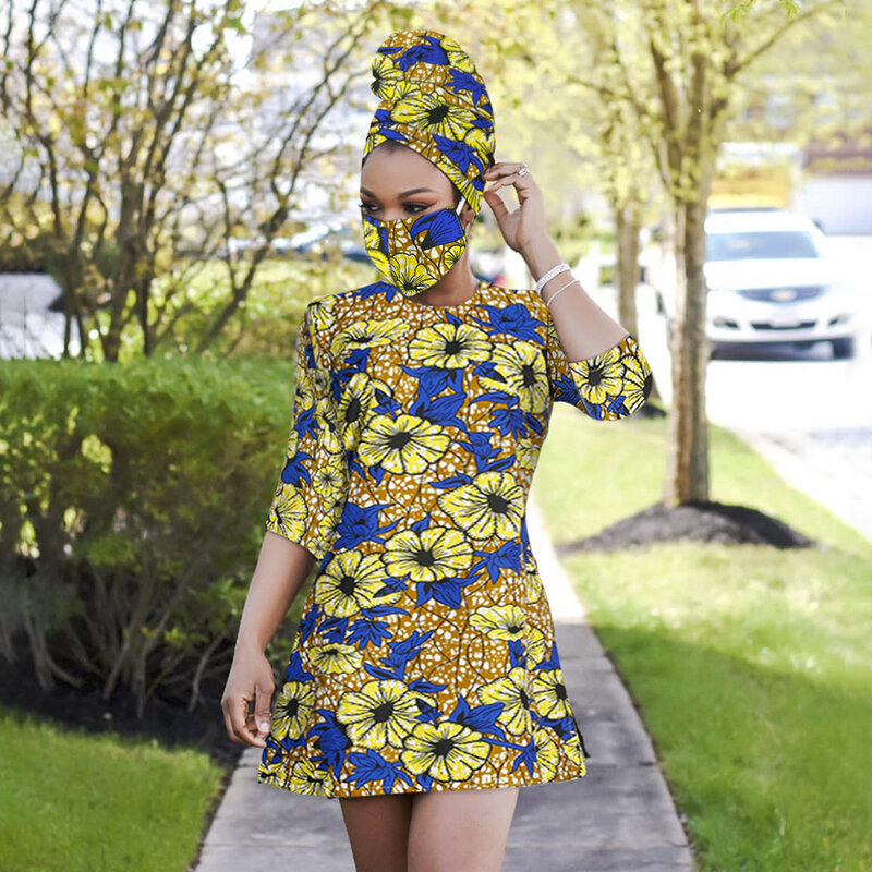 Châu Phi 2021 Đầm In Bộ Trang Phục Nữ Dashiki Top + Áo Headwrap + Tặng Mặt Nạ Đầu Truyền Thống Sáp ĐẦM DỰ TIỆC Plus kích Thước