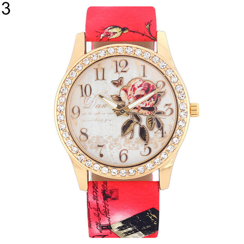 Fashion Women Print Rose Pattern Rhinestone Wrist Watch Casual Clock Quartz watch reloj mujer relogio feminino reloj hombre Ladi