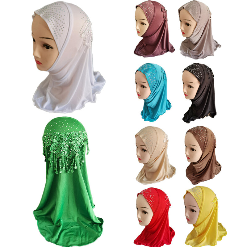 มุสลิมเด็กผู้หญิง Tassels สวยงาม Rhinestone Hijab ผ้าพันคออิสลามผ้าคลุมไหล่ที่สวยงามเจาะสำหรับ2ถึง7ปีสาวอาหรับผ้าพันคอ