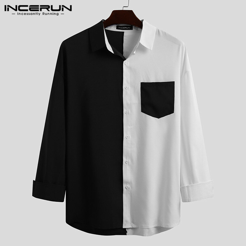 INCERUN-남성 셔츠 브랜드 패치 워크 긴 소매 옷깃 버튼 Camisa Masculina 2023 스트리트웨어 패션, 한국 캐주얼 셔츠 탑스
