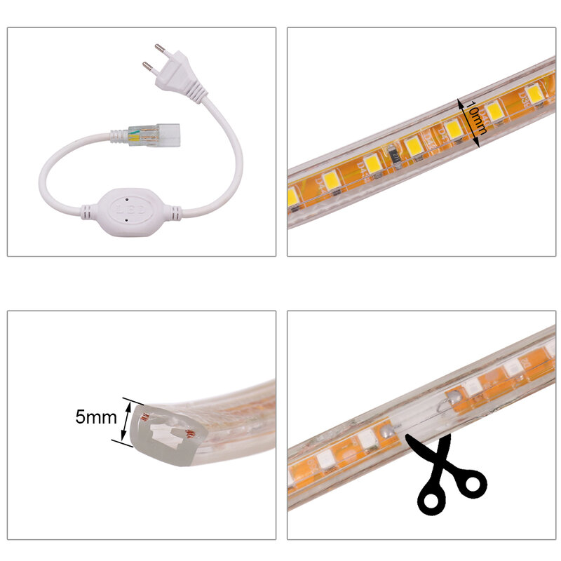 Fita de luz de led 220v, smd 120led/m à prova d'água fita de led com tomada da ue, luz de led flexível tira para decoração de casa