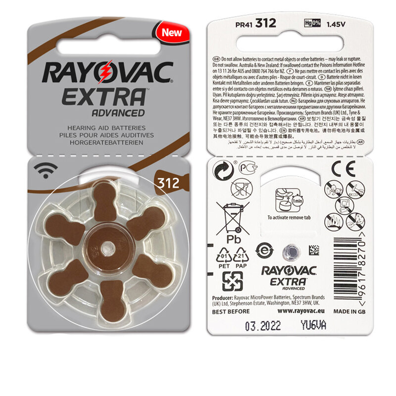 Hearing Aid Batteries 60 PCS/1 box RAYOVAC EXTRA-A312/312/PR41 Zinc Air batterie 1.45V   Size 312 Diameter 7.9mm Thickness 3.6mm