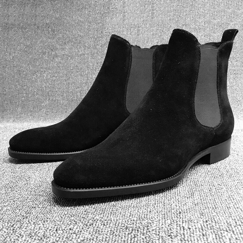 Chelsea Boots mężczyźni Slip On Pointed Toe botki moda sztuczny zamsz męskie obuwie stałe niskie obcasy buty zimowe dla człowieka D40