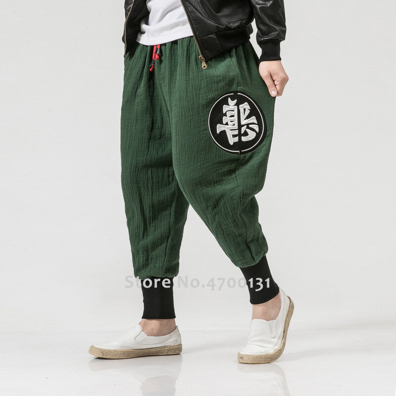 Pria Jepang Harajuku Kasual Celana Gaya Cina Kung Fu Bordir Kapas Linen Celana Olahraga Luar Ruangan Harem Celana Streetwear