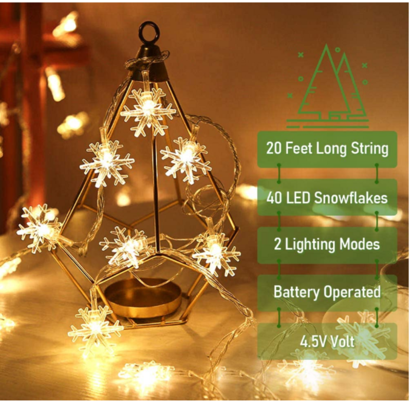 أضواء LED لعيد الميلاد 16.5ft 40 LED ندفة الثلج سلسلة أضواء زينة عيد الميلاد 2022 شرائط ضوء بطارية تعمل أضواء الجنية