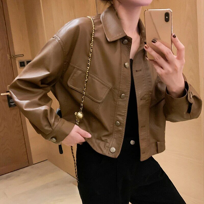 Moda coreana jaqueta de couro feminina inverno solto streetwear bolsos botão biker jaqueta casual vintage quente cortada casaco feminino