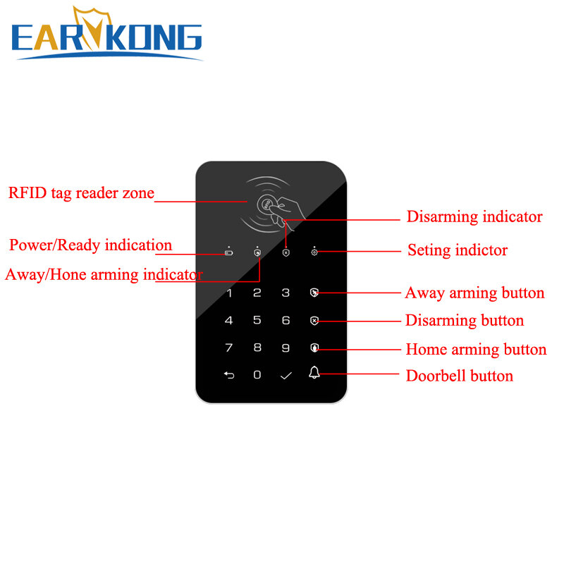 Earykong 433MHz Wireless Keyboard Touch Pad Doorbell Button For G50 / G30 / PG103 / W2B WiFi GSM Alarm RFID Card Rechargeable