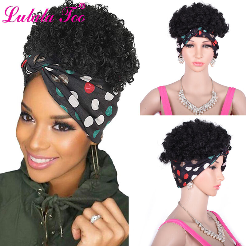Short Afro Puff Hair Bun Turban 2 in 1 Drawstring Headwrap Synthetic Kinky Curly Updo Wig for Black Women