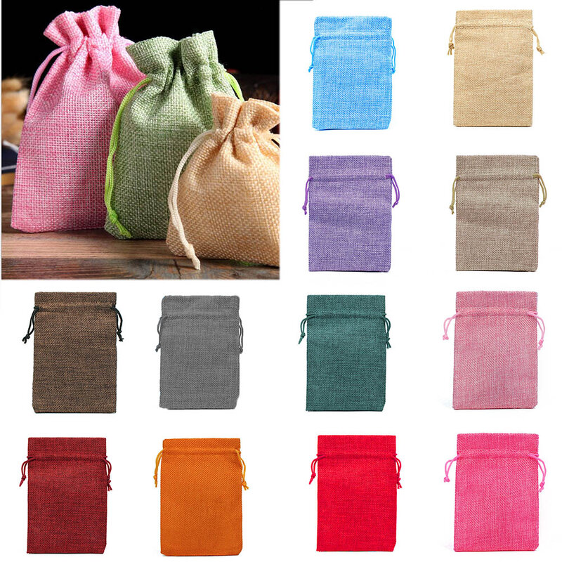 1 Uds bolsas de regalo con cordón arpillera Natural bolsa de joyería arpillera yute bolsas de regalo joyería embalaje bolsas de boda Favor bolsas rosa