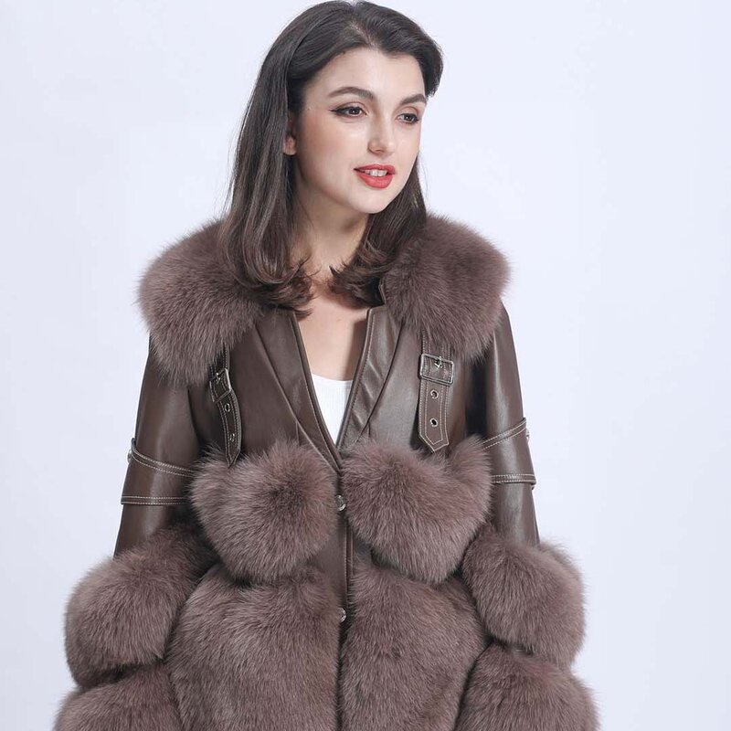 Nova moda inverno casaco de pele de raposa de rua casaco feminino com decote em v fivela loop natural real pele de raposa