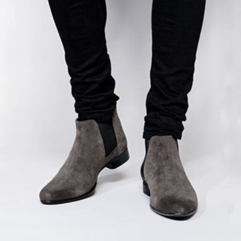 Chelsea Boots mężczyźni Slip On Pointed Toe botki moda sztuczny zamsz męskie obuwie stałe niskie obcasy buty zimowe dla człowieka D40